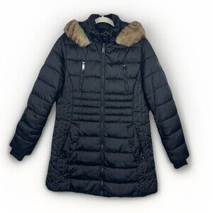 HFX Black Puffer Jacket parka Coat Womens SZ  XL Black Hood Faux fur trim Long